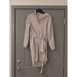 Women's DKNY Beige Long Sleeve Shirt Dress with Tie Waist, Size 4